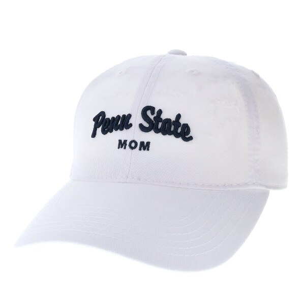 white twill hat with stitched Penn State and Mom